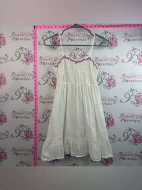 Roxy dress beaded cream White Sundress with Pink Embroidered Trim neon